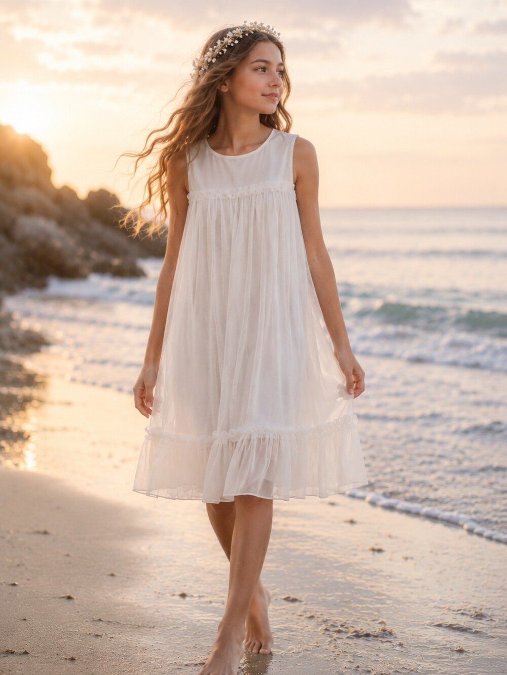 Mango Kids Ruffled Sleeveless Tulle Midi Dress Cottagecore Party Girls 13-14 NWT